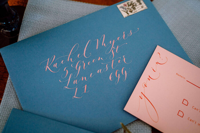 wedding envelope in pink calligraphy