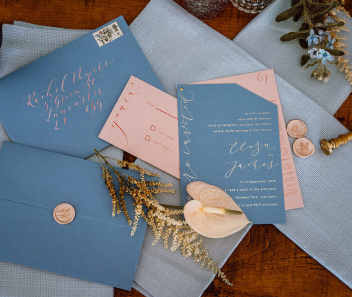 clashing colours for wedding stationery can work really well, for example pink and blue
